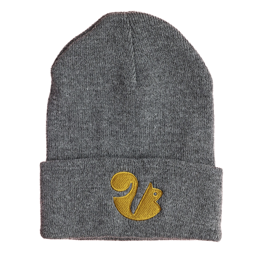 Gray beanie hat with gold squirrel logo.