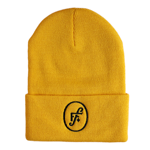 Gold beanie hat with black FF logo.