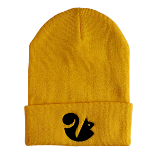 Gold beanie hat with black squirrel logo.