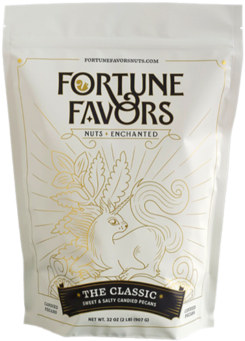 two pound bag of Fortune Favors The Classic candied pecans