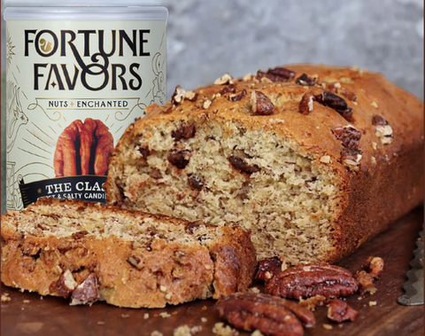 Banana bread made with Fortune Favors candied pecans