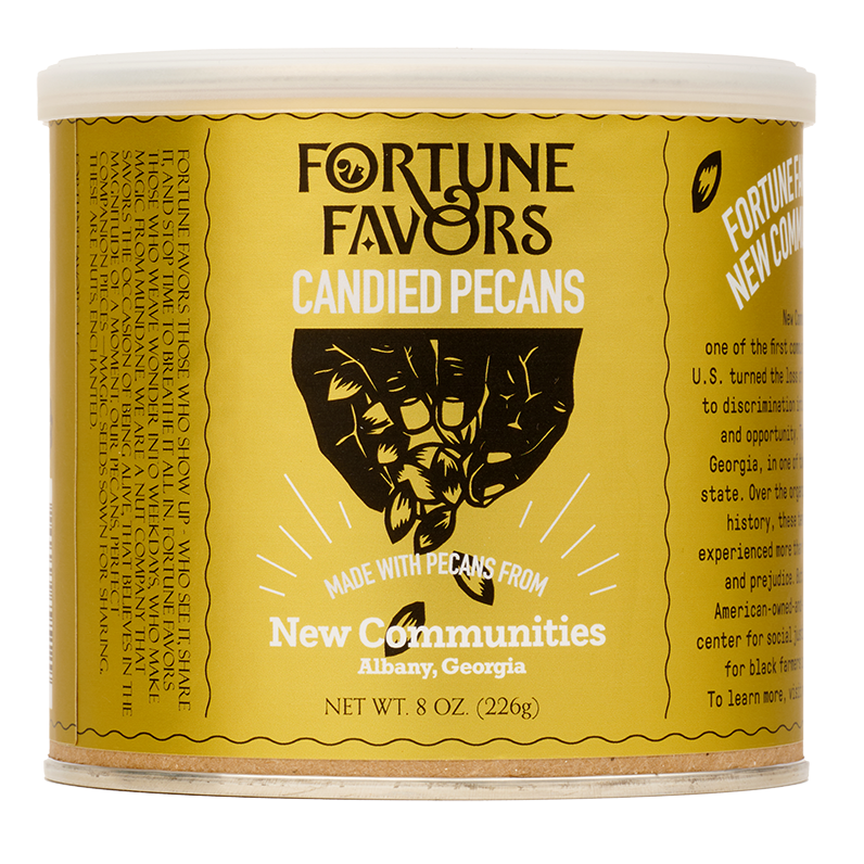 8 ounce can of New Communities Fortune Favors candied pecans