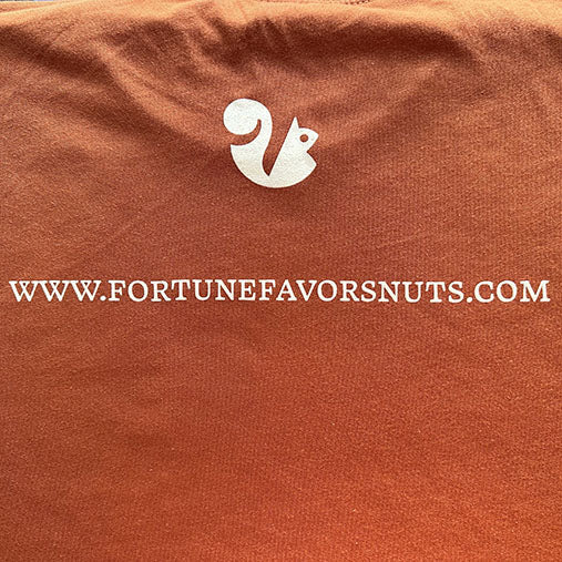 back of t-shirt print showing squirrel logo and company website