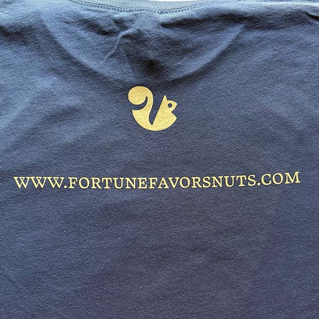 back of t-shirt showing squirrel logo and company website
