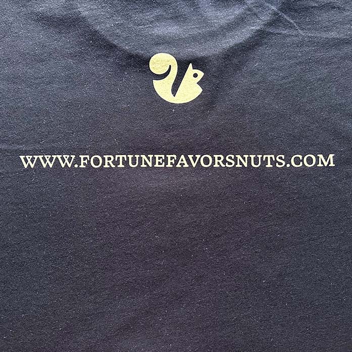 back of t-shirt print showing squirrel logo and company website