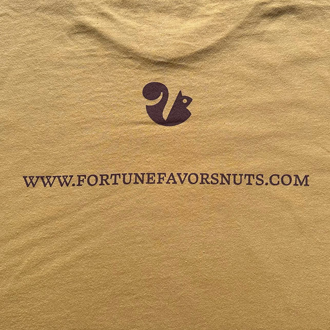 back of shirt printed with squirrel logo and company website