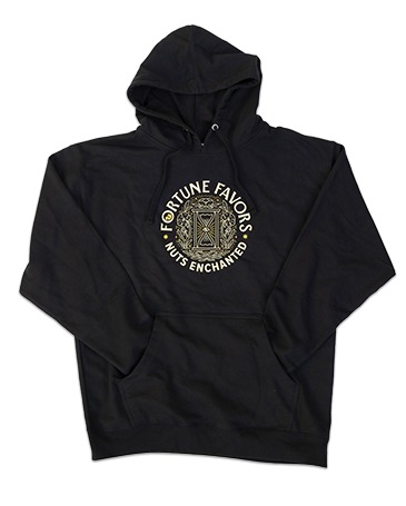 black hooded sweatshirt with FORTUNE FAVORS, NUTS ENCHANTED text and hourglass design printed on the front