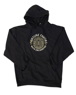 black hooded sweatshirt with FORTUNE FAVORS, NUTS ENCHANTED text and hourglass design printed on the front