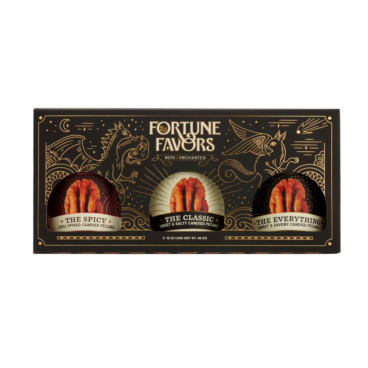 Black and gold sampler gift pack containing three 16 ounce cans of Fortune Favors candied pecans, one of each signature flavor.