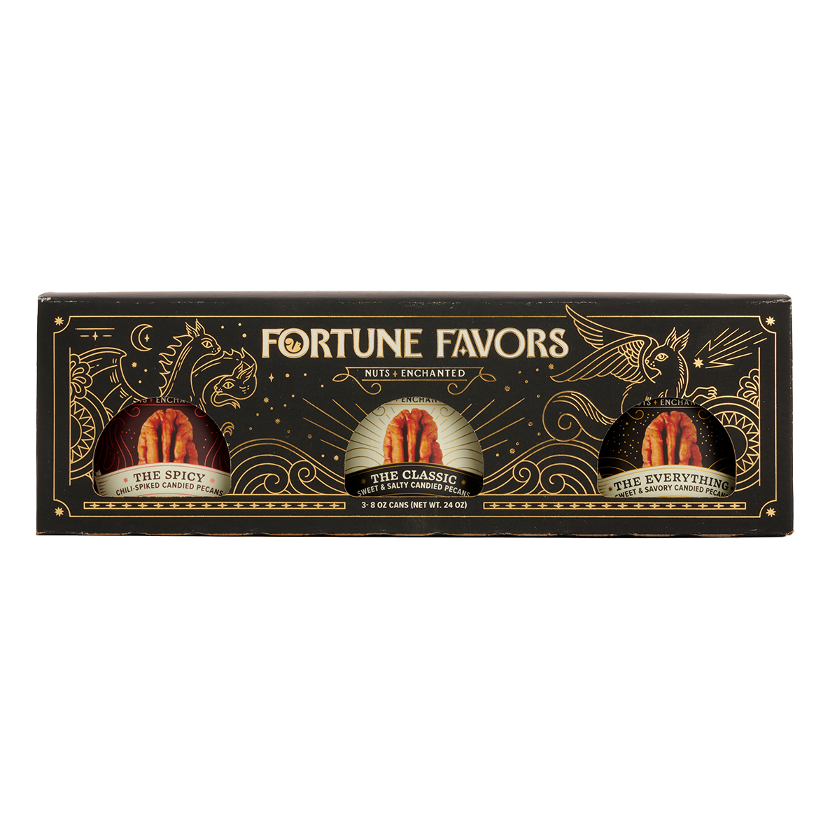 Black and gold sampler gift pack containing three 8 ounce cans of Fortune Favors candied pecans, one of each signature flavor.