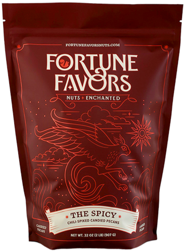 two pound bag of Fortune Favors The Spicy candied pecans