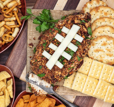 Football Shaped Candied Pecan Cheese Ball Dip with Crackers