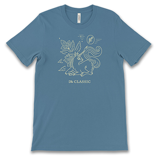 blue t-shirt with squirrel unicorn character and "The Classic" text printed on the front