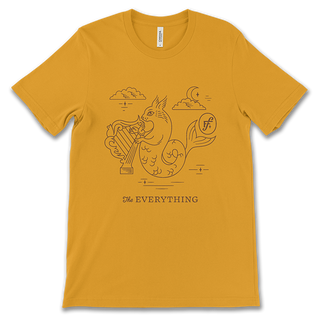 gold t-shirt with squirrel mermaid character and "The Everything" printed on the front