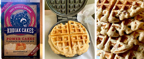 three photos: Kodiak Cakes mix, waffle in a waffle iron, stack of whole-grain waffles