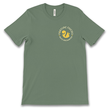 green t-shirt with Fortune Favors logo and "nuts enchanted" tagline and squirrel logo on upper left