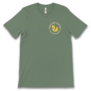 green t-shirt with Fortune Favors logo and "nuts enchanted" tagline and squirrel logo on upper left