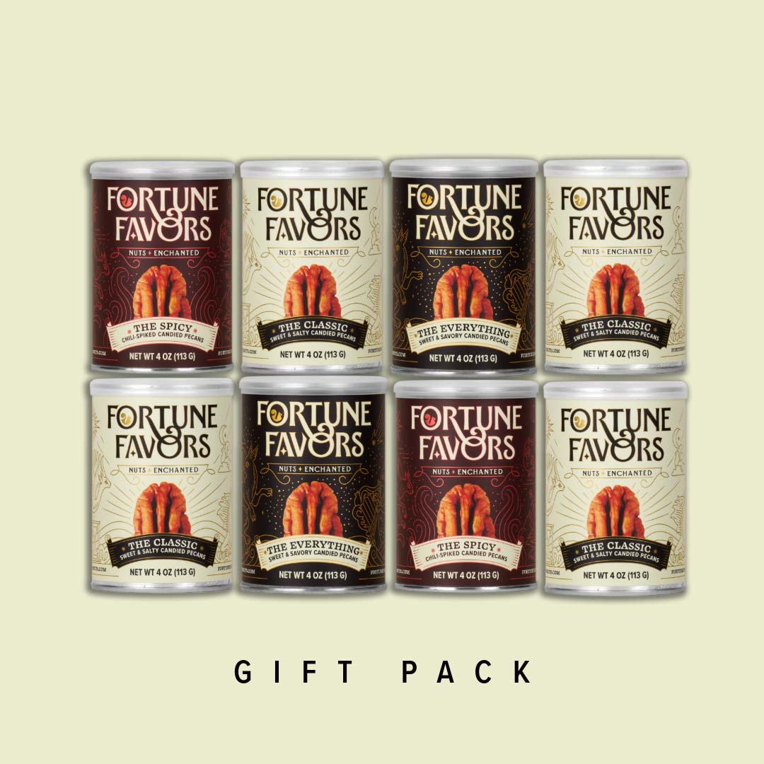 8 four ounce cans of Fortune Favors candied pecans