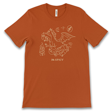 rust-colored t-shirt with two headed dragon character and "The Spicy" text printed on the front
