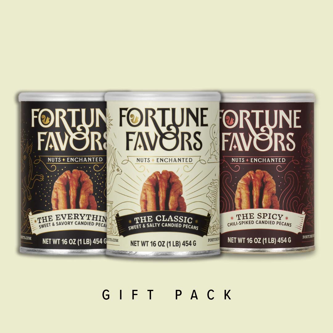 three 16 ounce cans of Fortune Favors candied pecans