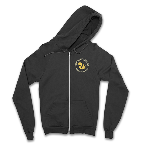 black zip-up hoodie with Fortune Favors logo and "nuts enchanted" tagline and squirrel logo on upper left