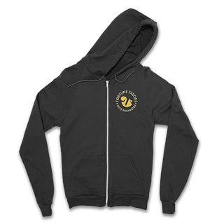 black zip-up hoodie with Fortune Favors logo and "nuts enchanted" tagline and squirrel logo on upper left
