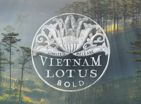 The logo for Peet's Vietnam Lotus Bold arabica small batch coffee against a background of the origin in Vietnam with rays of streaming sunlight.