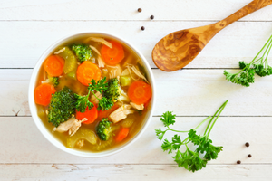 Chicken soup is a warm and healthy food.