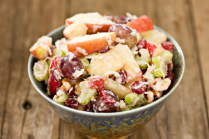 Combined fennel with apples, celery, grapes and poppy seed dressing for a delicious salad.