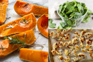 Butternut squash, cauliflower and spinach make great partners as roasted vegetable.