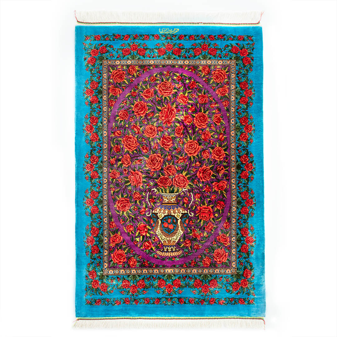 ペルシャ手織り絨毯　シルク　玄関マット　クム　62×97cm