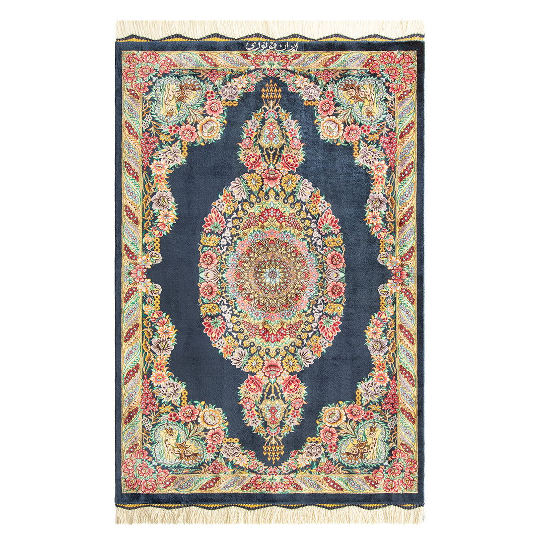 ペルシャ手織り絨毯　シルク　玄関マット　クム　60×90cm