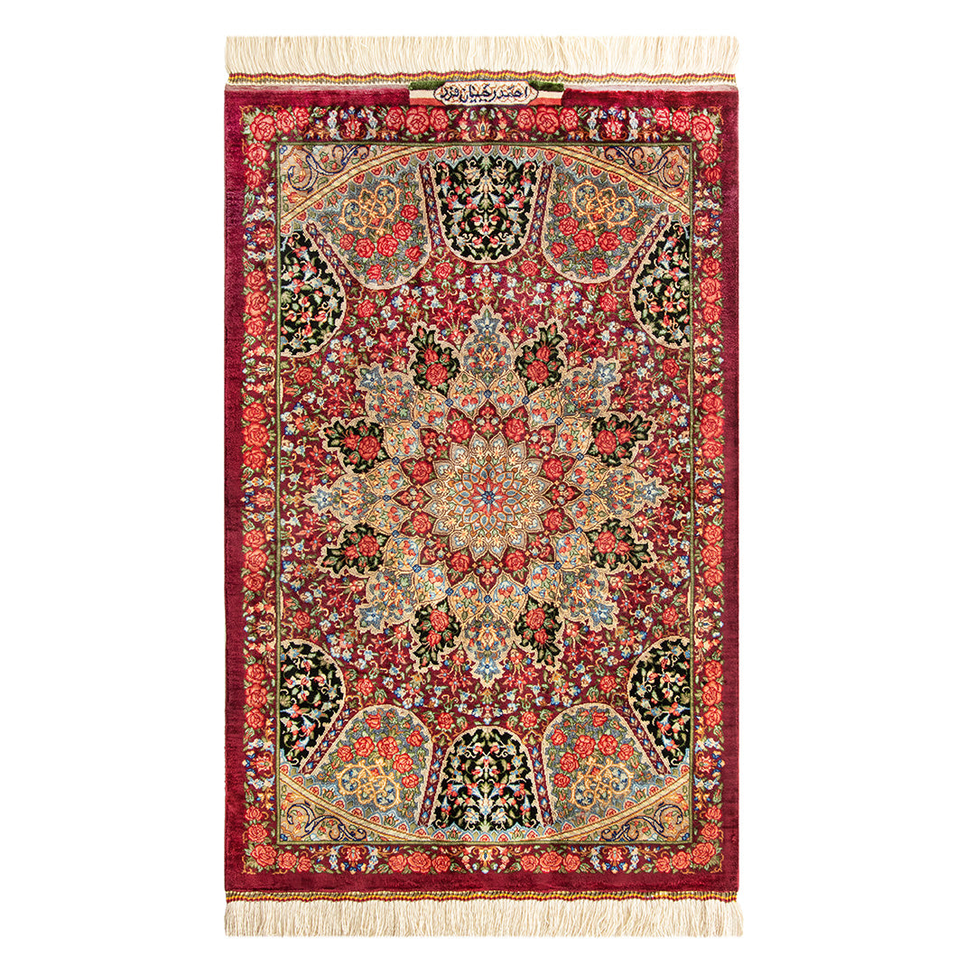 ペルシャ手織り絨毯　シルク　玄関マット　クム　58×92cm