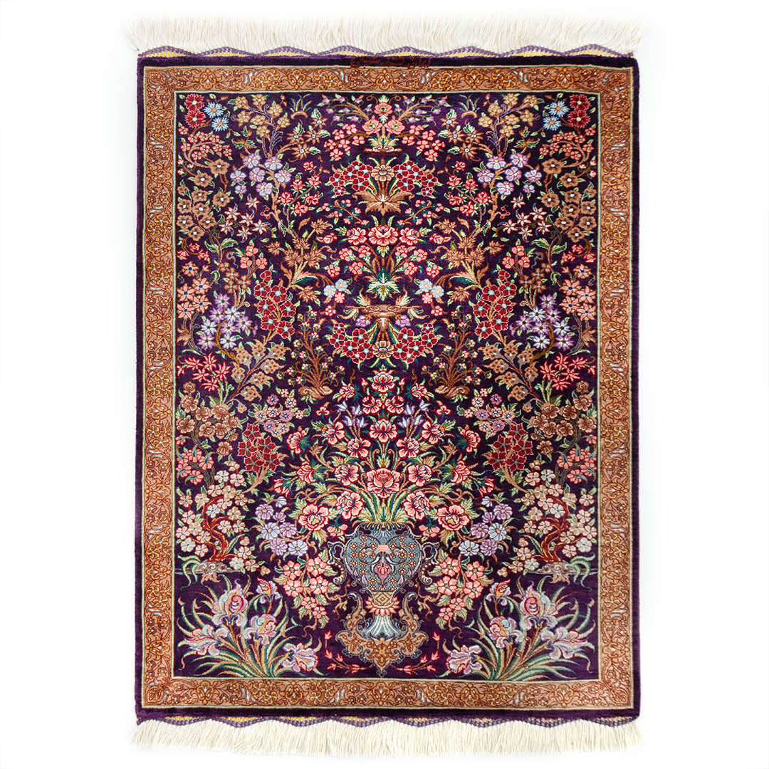 ペルシャ手織り絨毯　シルク　玄関マット　クム　61×80cm