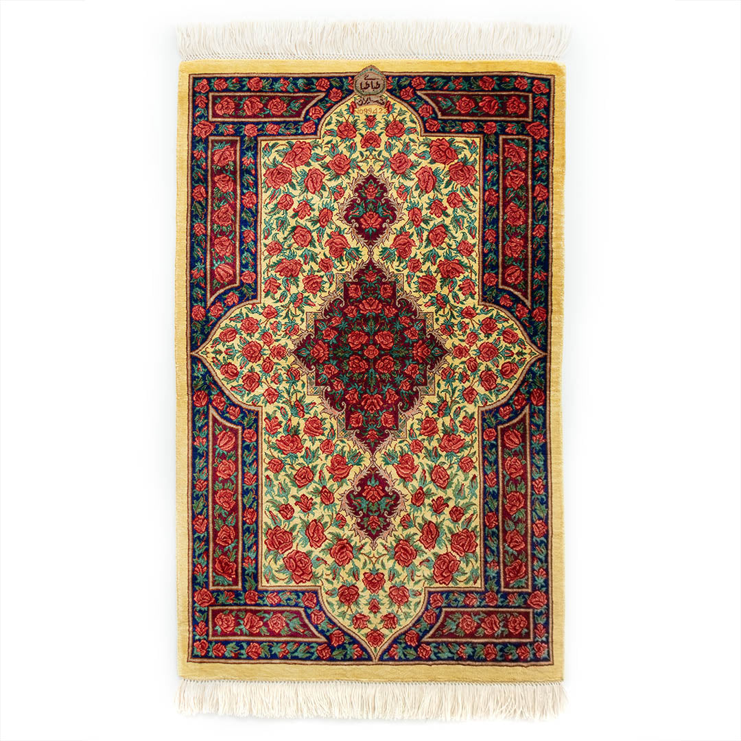ペルシャ手織り絨毯　シルク　玄関マット　クム　52×84cm