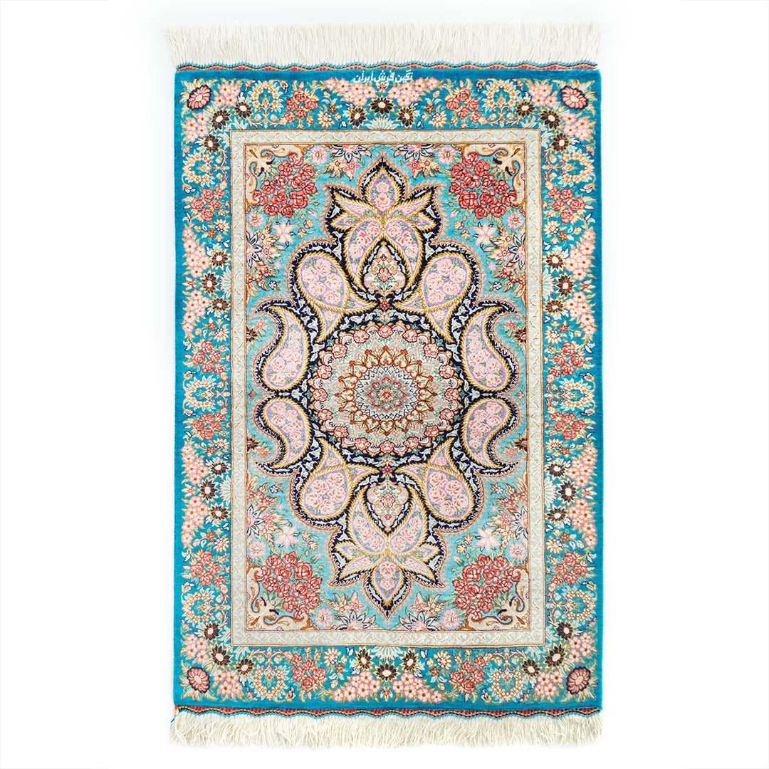ペルシャ手織り絨毯　シルク　玄関マット　クム　60×90cm