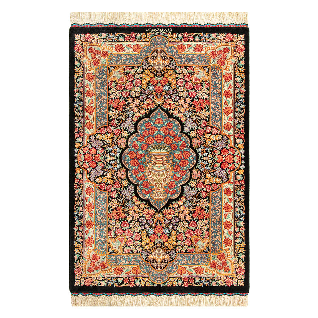 ペルシャ手織り絨毯　シルク　玄関マット　クム　60×89cm