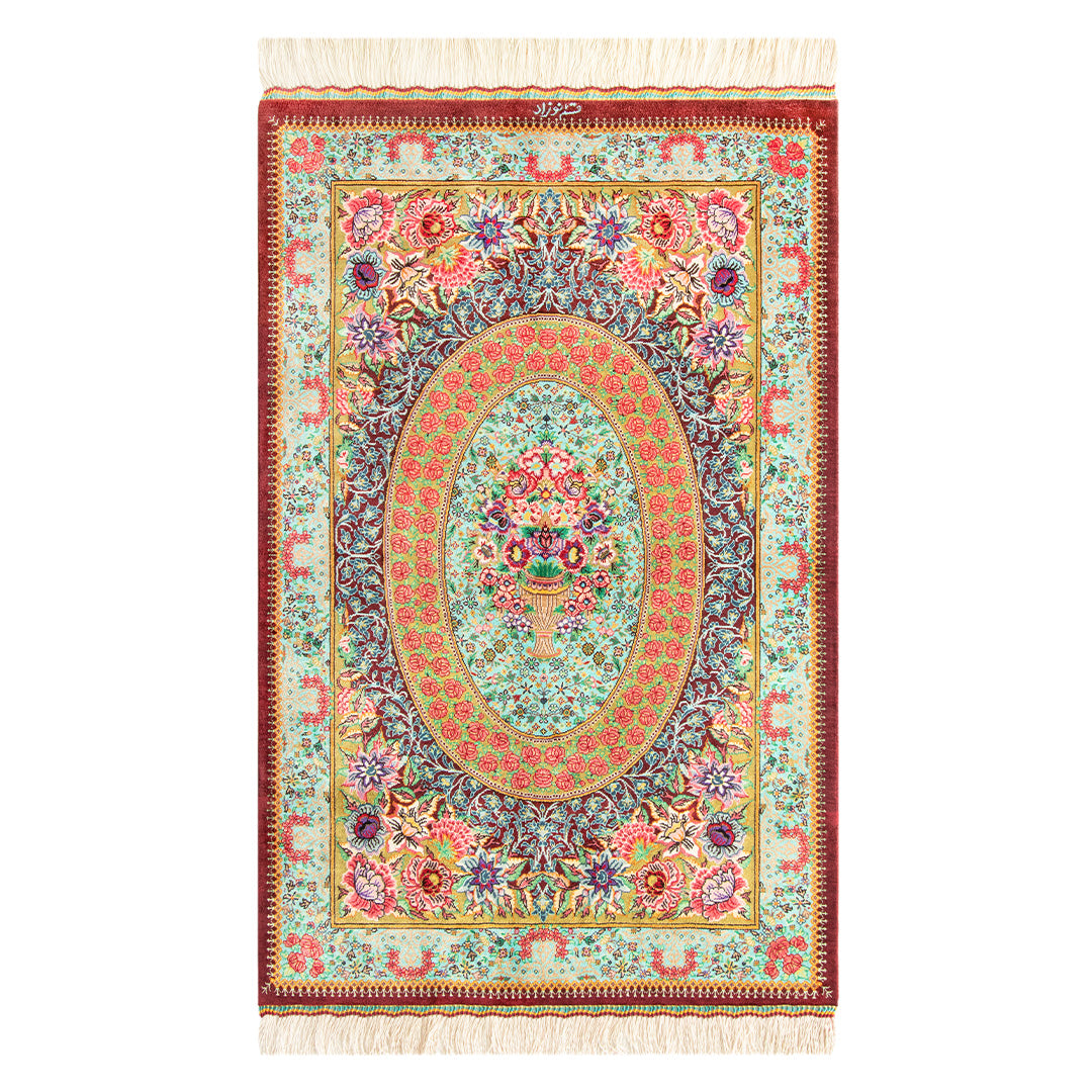 ペルシャ手織り絨毯　シルク　玄関マット　クム　60×94cm