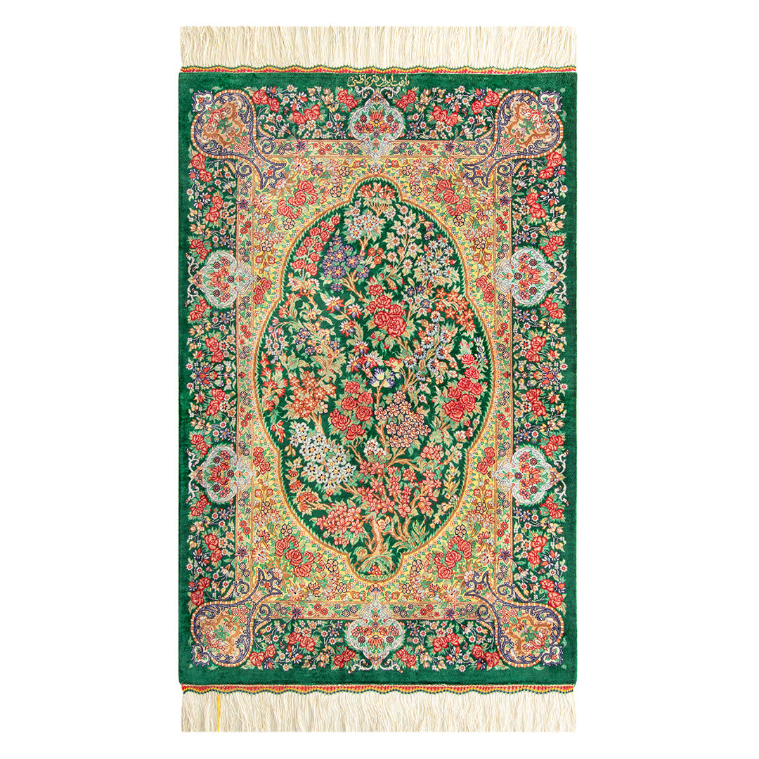 ペルシャ手織り絨毯　シルク　玄関マット　クム　62×95cm