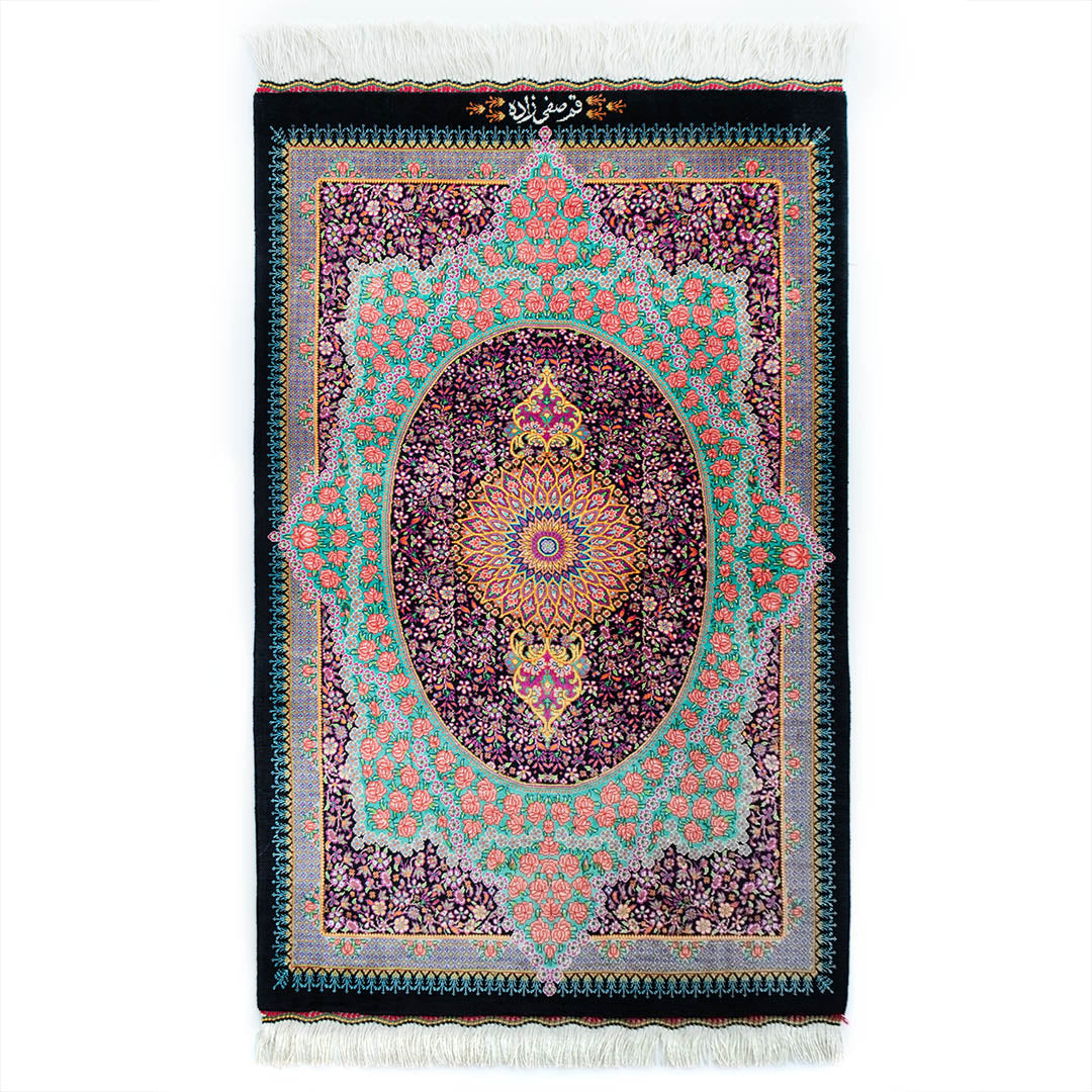 ペルシャ手織り絨毯　シルク　玄関マット　クム　59×92cm