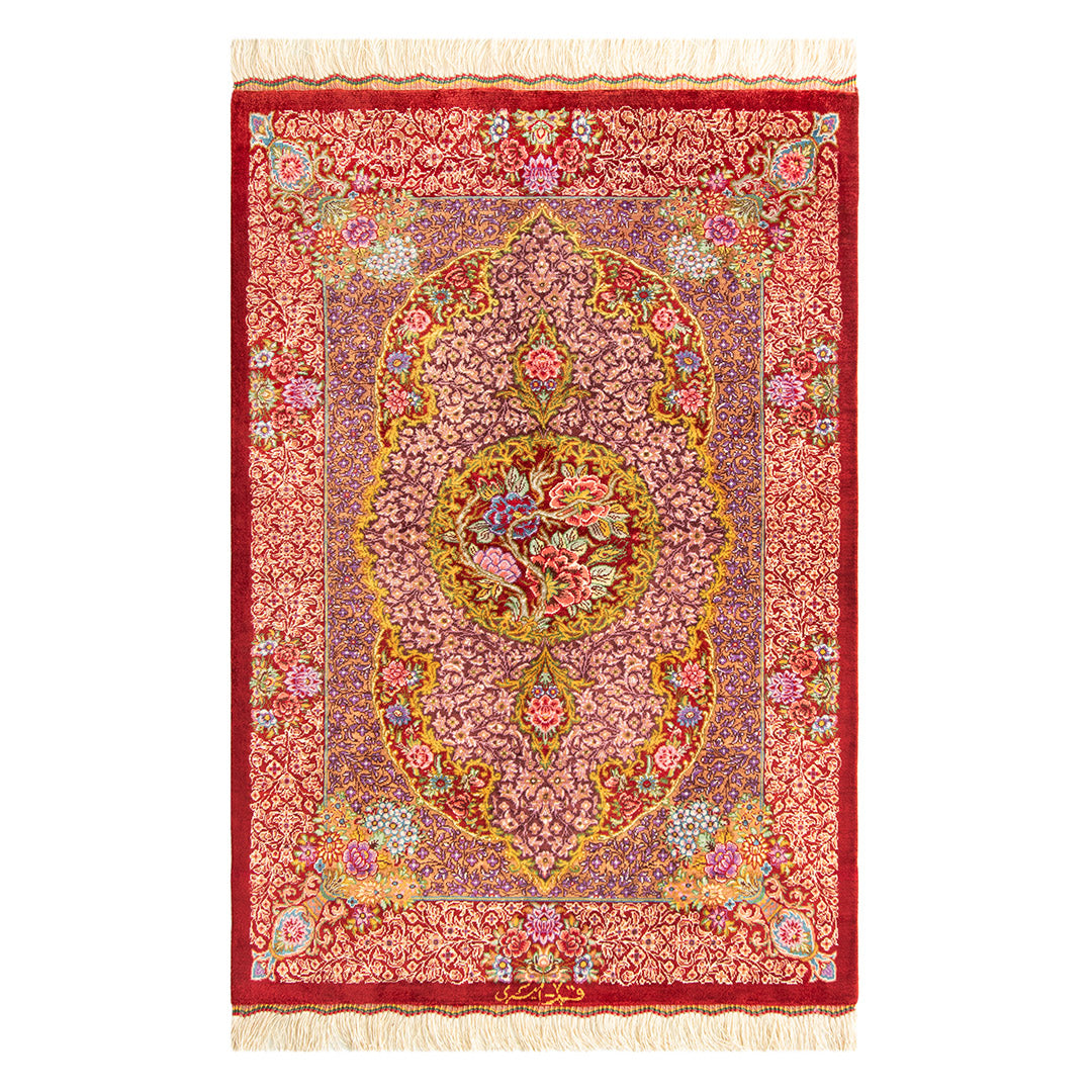 ペルシャ手織り絨毯　シルク　玄関マット　クム　59×86cm