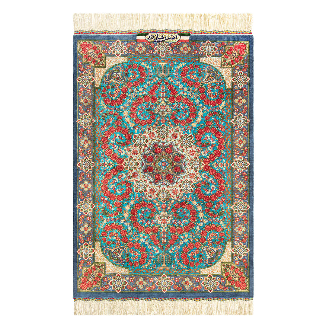 ペルシャ手織り絨毯　シルク　玄関マット　クム　60×88cm