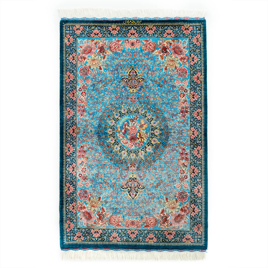 ペルシャ手織り絨毯　シルク　玄関マット　クム　59×91cm