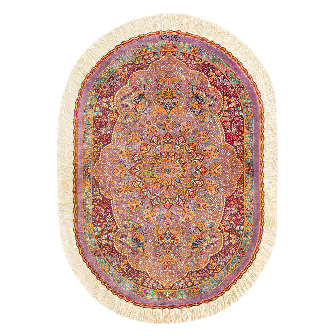 ペルシャ手織り絨毯　シルク　円形玄関マット　クム　60×88cm