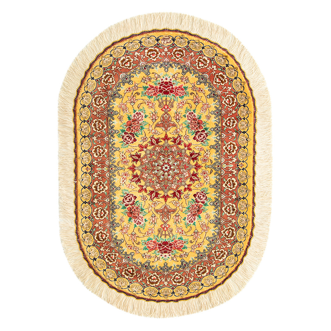 ペルシャ手織り絨毯　シルク　円形玄関マット　クム　57×87cm