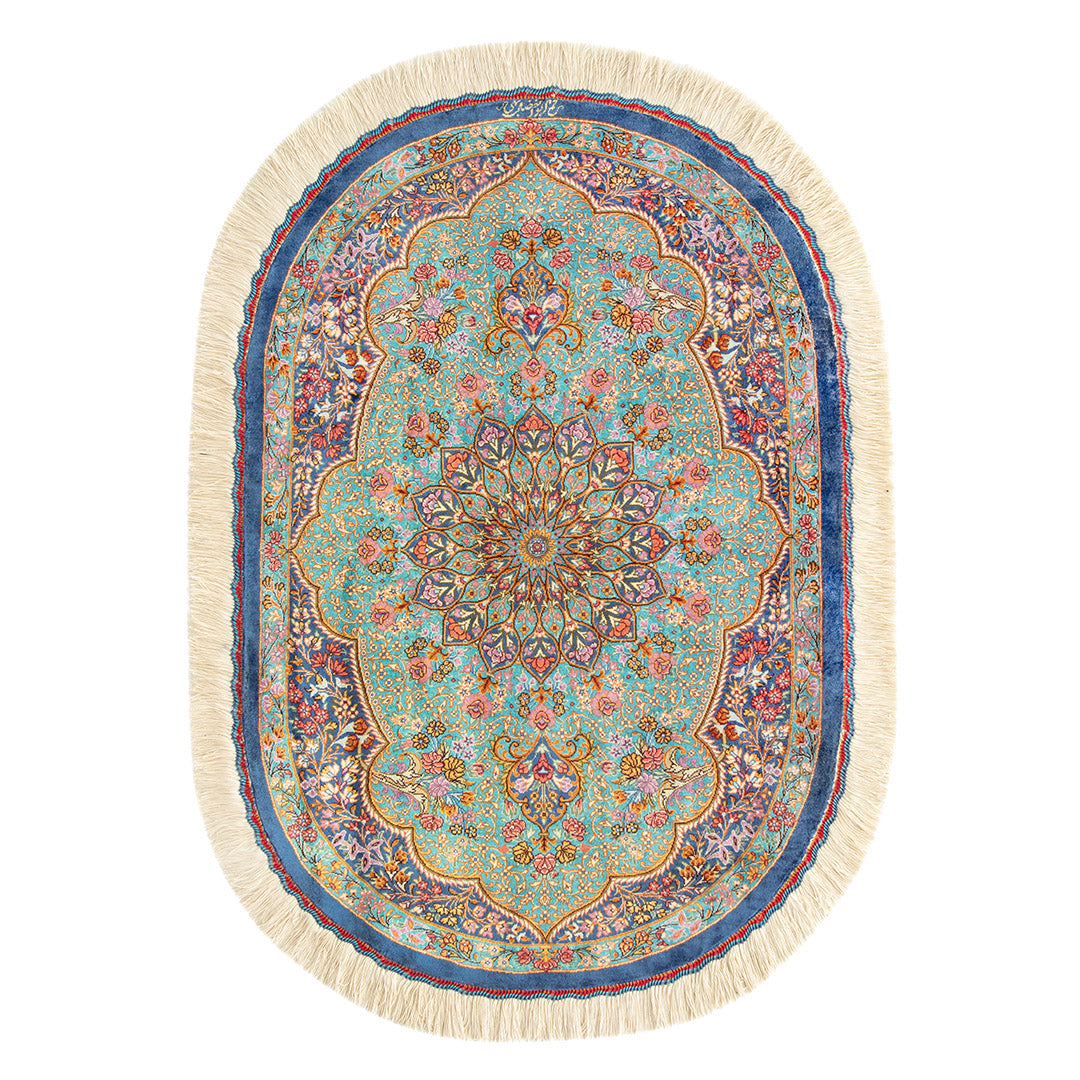 ペルシャ手織り絨毯　シルク　円形玄関マット　クム　58×90cm