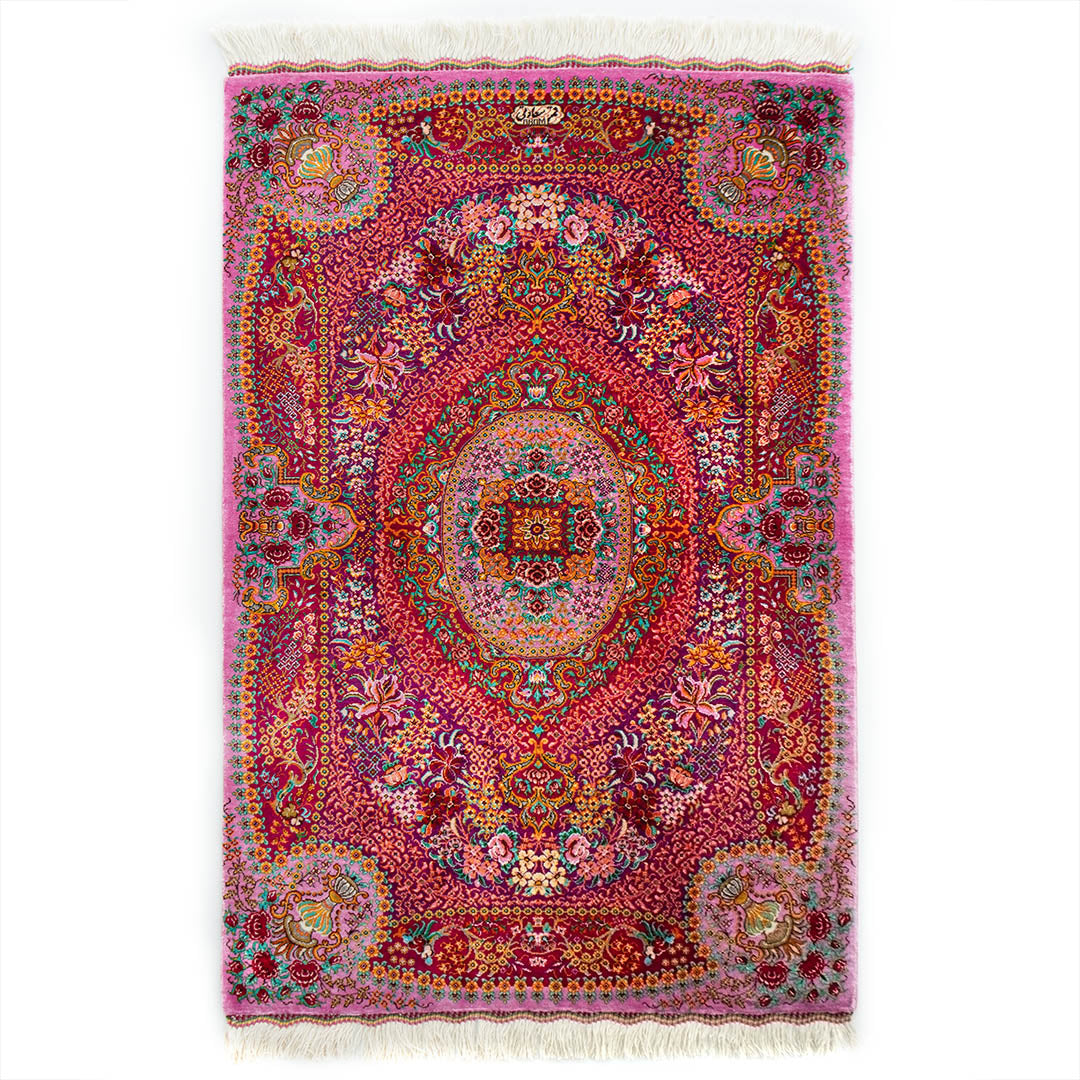ペルシャ手織り絨毯　シルク　玄関マット　クム　62×90cm