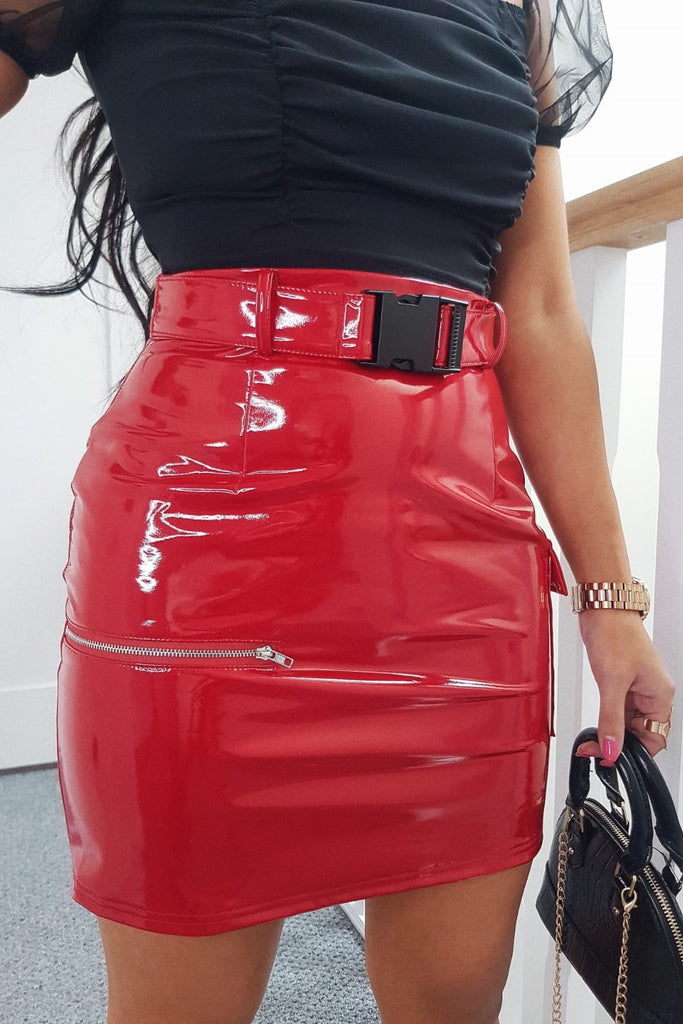 Vinyl Utility Belted Mini Skirt Red 