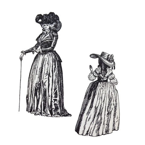 Riding habit with ruffled chemise-front and lapelled waistcoat 1785 on left and back view of gown from 1786 on left illustration by Barbara Philipson