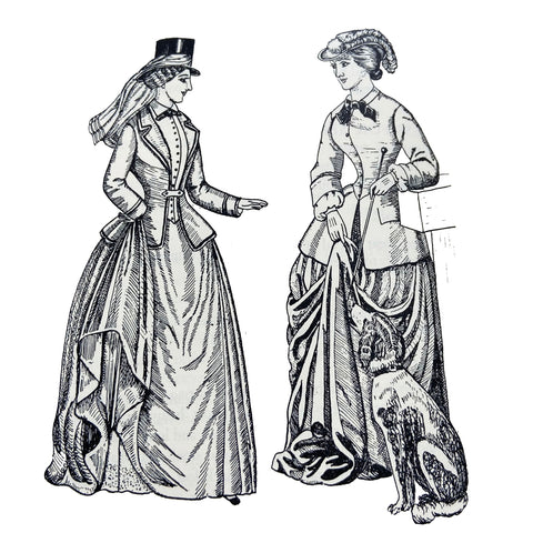 Riding habit from 1852 on left and 1859 on right illustration by Phillis Cunnington
